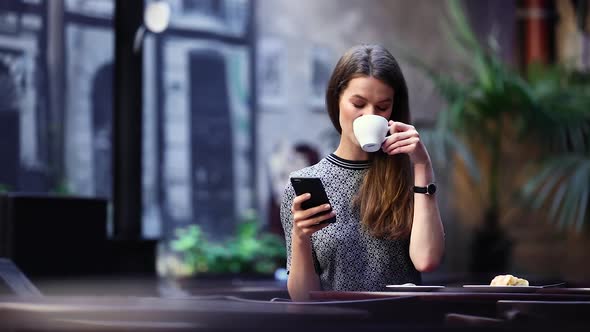 Beautiful Woman Using Phone In Cafe, Drinking Coffee