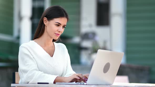 Adorable Freelancer Young Woman Working Use Laptop Outdoor