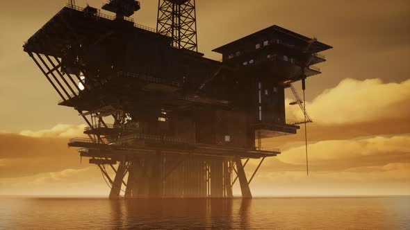 Offshore Jack Up Rig in The Middle of The Sea at Sunset Time alt