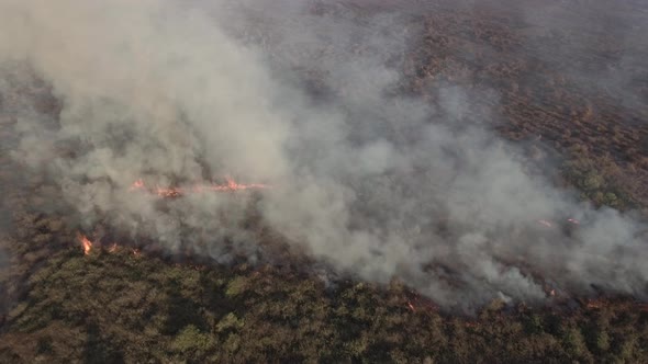 Aerial view above of a small wildfire burning vegetation, Cambodia.