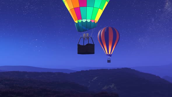 Vibrant, glowing hot air balloons against dark night sky rising over mountains.