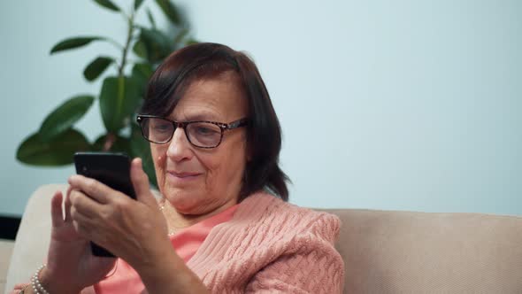 Grandmother In Glasses Scrolling On Screen On Cellphone. Mature Woman Holding Mobile Phone.