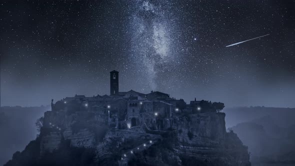 Old town of Bagnoregio with milky way, Italy. Timelapse.