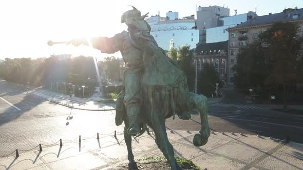 Kyiv, Ukraine: Monument To Bogdan Khmelnitsky in the Morning at Dawn. Aerial View. Slow Motion