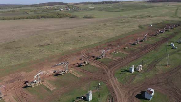 A Big Oil Derrick in Work, Aerial Video . View From Above