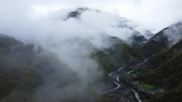 Misty Autumn Mountain Aerial View