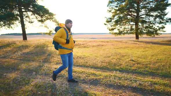 Man Backpacker Walking on Pine Forest