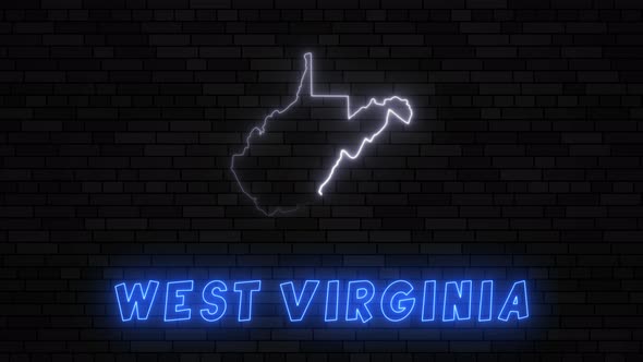 State of West Virginia map silhouette with neon line on a dark brick wall background