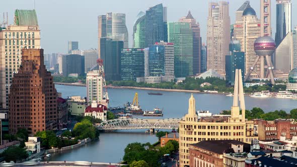 Chinese Waibaidu Bridge Over Wusong in Shanghai Timelapse