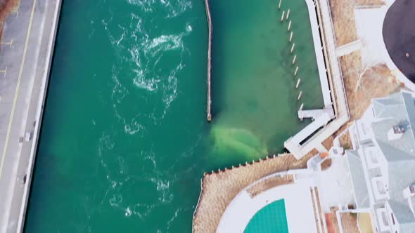 A top down view directly above the Shinnecock Canal in Hampton Bays, Long Island, NY. The drone came