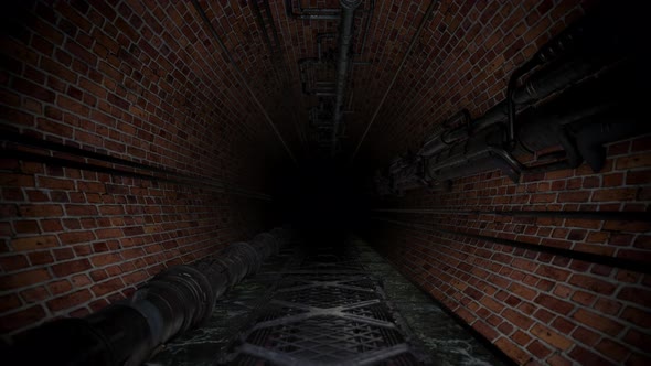 Creepy Brick Industrial Sewer Tunnel Red Alarm Lights