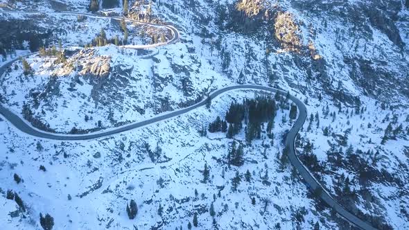 DRONE VIDEO OF Donner Pass MOUNTAIN PASS ROAD CALIFORNIA IN SNOW