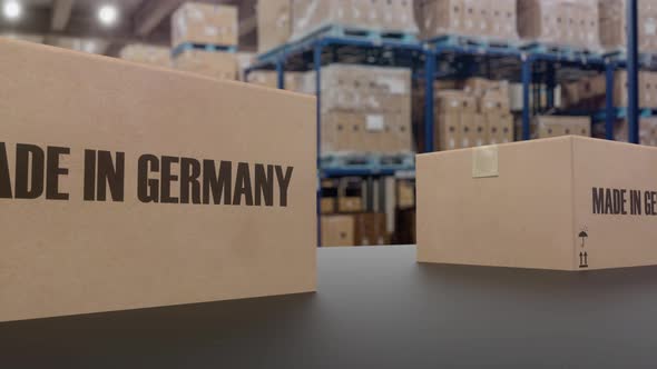 Boxes with MADE IN GERMANY Text on Conveyor