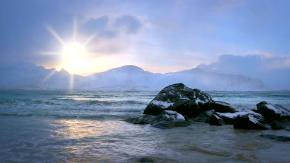 Norwegian Sea Waves on Rocky Coast of Lofoten Islands, Norway