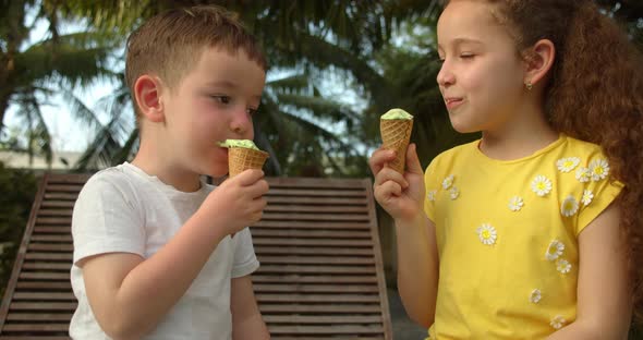 Portrait Cheerful Kids Smiling Children Happy Baby Boy and Little Girl Eating Ice Cream and Having