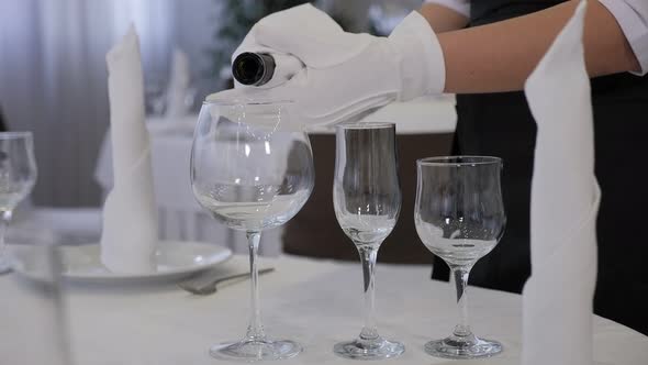 Closeup of a Female Waitress Pouring Red Wine Into a Glass in a Restaurant