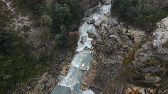 Flying over canyon looking down at the Marsyangdi River