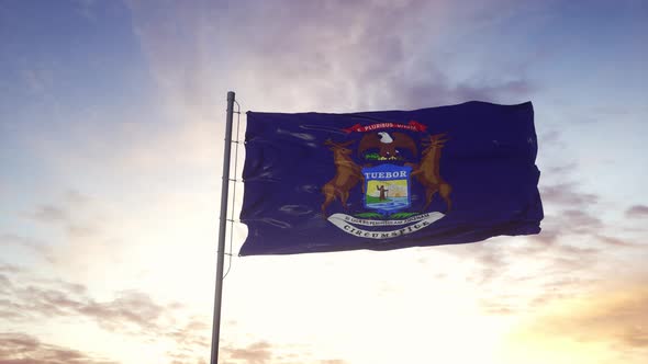 State Flag of Michigan Waving in the Wind