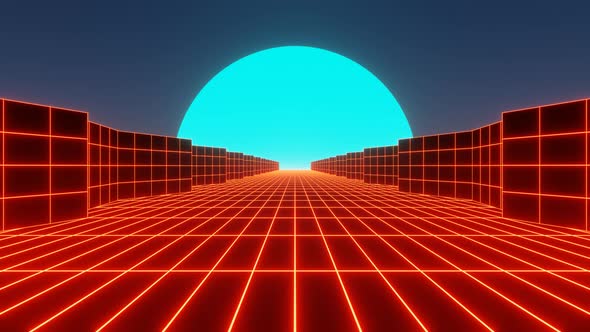 Retro Synthwave Orange Neon Road with Buildings and Blue Moon 3d Render