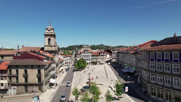 Aerial view Toural square landmark with São Pedro Church, Guimaraes