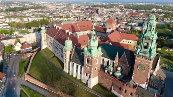 Aerial footage of Wawel Royal Castle in Cracow, Krakow, Poland, Polska