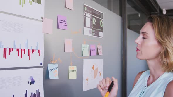 Professional businesswoman writing on white board with marker in modern office in slow motion