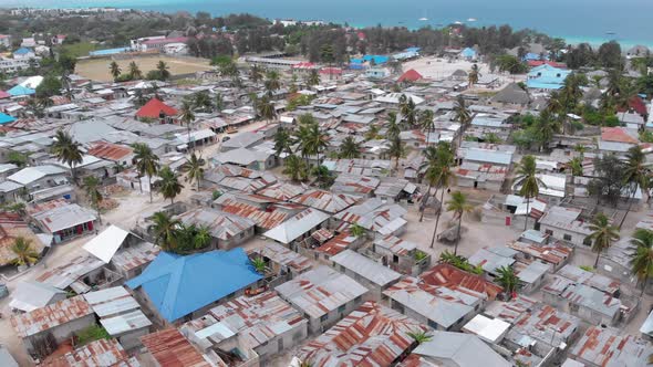 Aerial View African Slums Dirty House Roofs of Local Village Zanzibar Nungwi