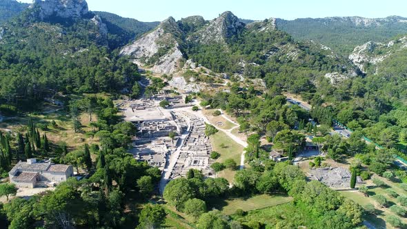 Glanum archaeological site in Saint-Remy-de-Provence seen from the sky