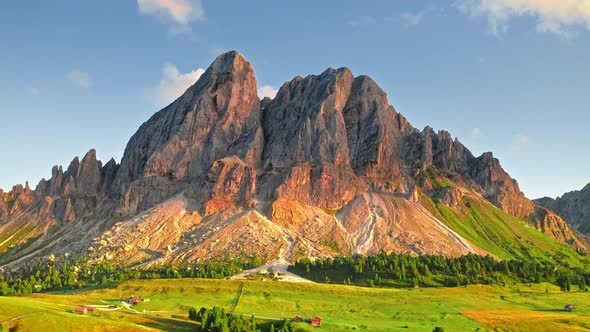 Aerial view of Passo delle Erbe at sunset, Dolomites, Italy