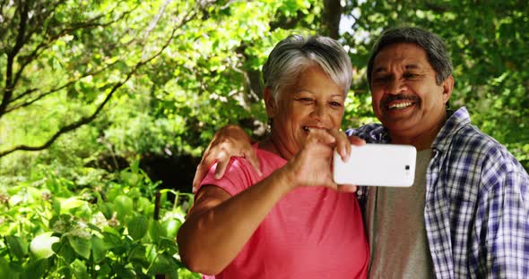 Senior couple taking selfie from mobile phone in park