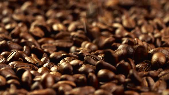 Roasted Golden-brown Flavorous Coffee Beans Falling From Above Onto a Wide Pile of Coffee Beans