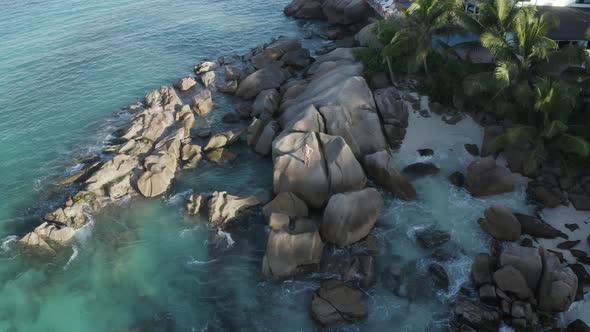 Aerial view of a beach, La Digue and Inner Islands, Seychelles.