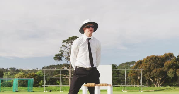 Cricket umpire making signs standing on a cricket pitch