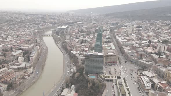 Flying over Shota Rustaveli Avenue. Skyscapers in the centre of Tbilisi