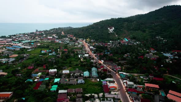 Drone upwards tilt view of Lamai, Koh Samui, Thailand