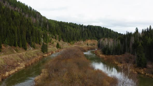 Aerial View of the River with Trees and Grass in Autumn