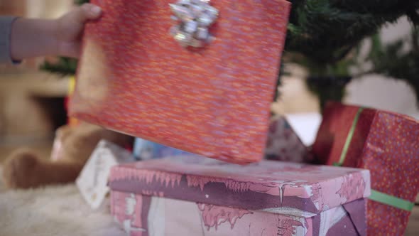 Female Caucasian Hands Putting Packed Christmas Gift Box Under New Year Tree Indoors