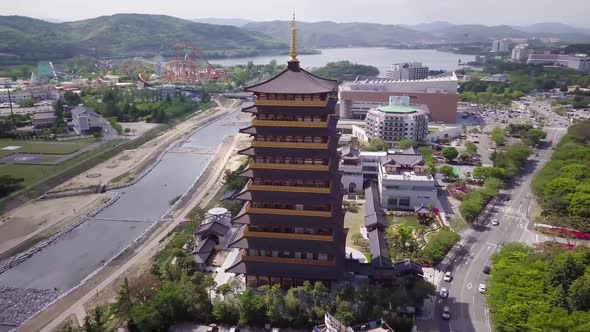 Aerial Footage of Pagoda in Traditional Korean Style in Gyeongju in South Korea