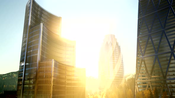 City Skyscrapes with Lense Flairs at Sunset