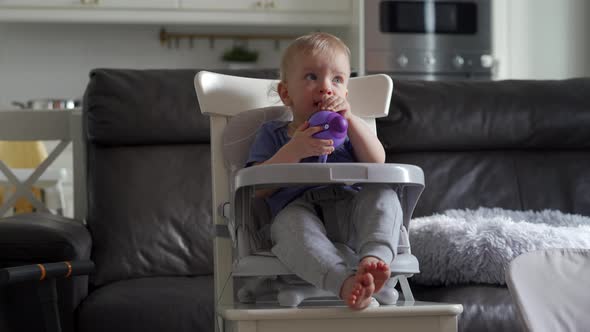 Cute Kid with Baby Straw Feeding Cup Sitting in Booster Seat One Year Old Toddler Watching Tv