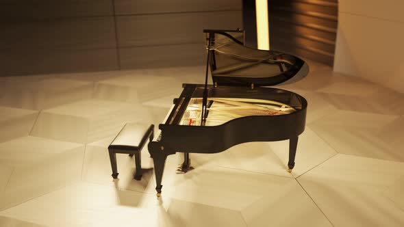 Endless animation of a grand piano staying at the stage of a concert hall. 4KHD