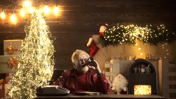 Drunk Bad Santa. Lonely Friendless Christmas Holidays Concept. Sad Young Male Drink Beer on