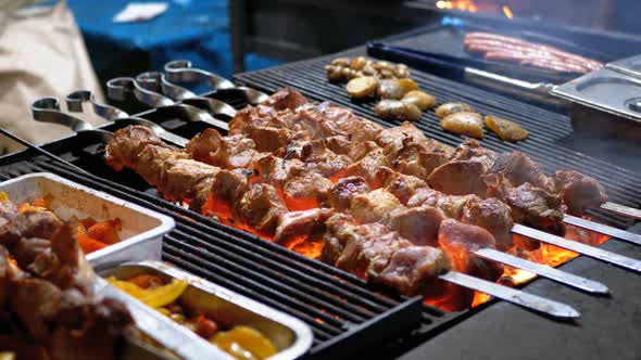 Shish Kebab Cooked on the Grill on the Street Market