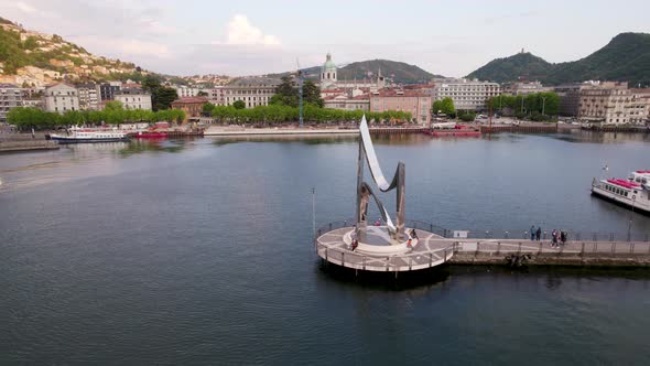 Life Electric Sculpture with Lake Como Town in Italy, Aerial Establisher