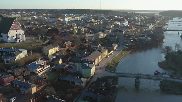 Idyllic Drone Point of View of the Porvoo City in Finland on a Sunny Day