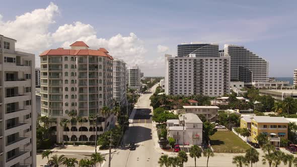 Aerial drone flying between buildings in Fort Lauderdale FL USA