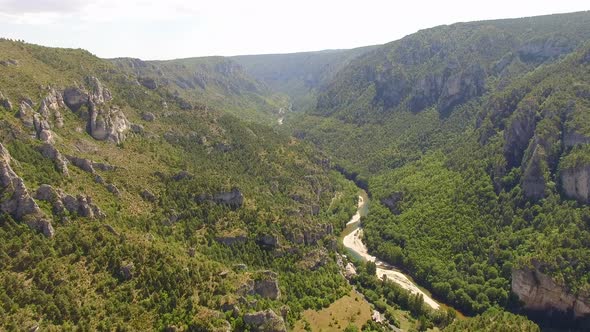 Aerial travel drone view of Gorges du Tarn and the Tarn River, Southern France.