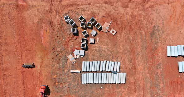 Aerial Top View on Construction Site the Concrete Sanitary Sewer Pipes Storm Drain Systems of an