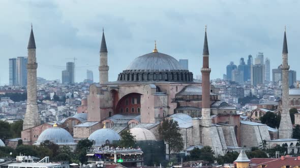 Establishing Orbiting Aerial Drone Shot of a Hagia Sophia Holy Grand Mosque with Bosphorus Bridge