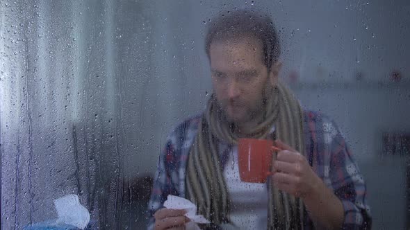 Sick Man in Scarf Sneezing and Drinking Hot Tea at Home on Rainy Day, Flu Virus